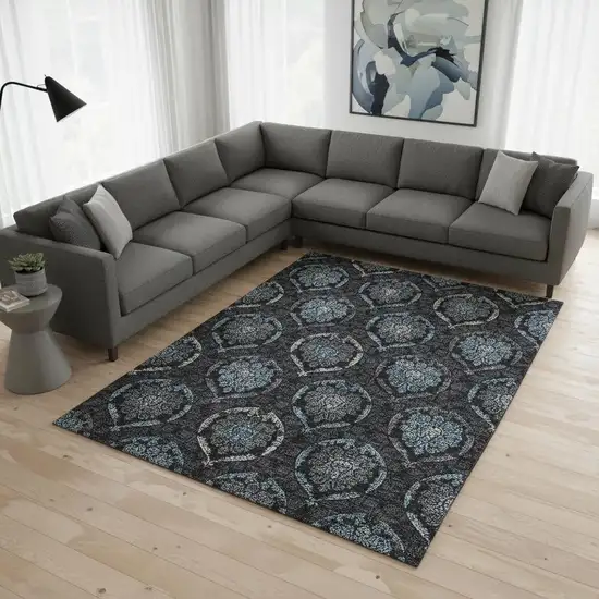 Blue And Charcoal Medallion Washable Area Rug With UV Protection Photo 2