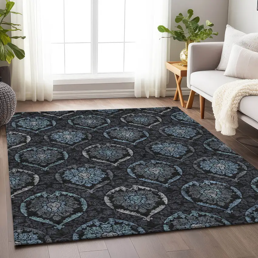 Blue And Charcoal Medallion Washable Area Rug With UV Protection Photo 6