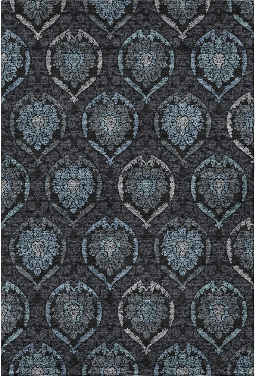 Blue And Charcoal Medallion Washable Area Rug With UV Protection Photo 4