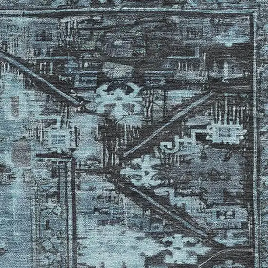 Blue And Charcoal Oriental Washable Area Rug With UV Protection Photo 2