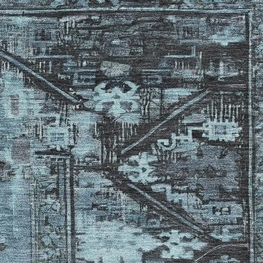 Blue And Charcoal Oriental Washable Area Rug With UV Protection Photo 2