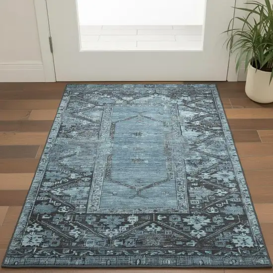 Blue And Charcoal Oriental Washable Area Rug With UV Protection Photo 2