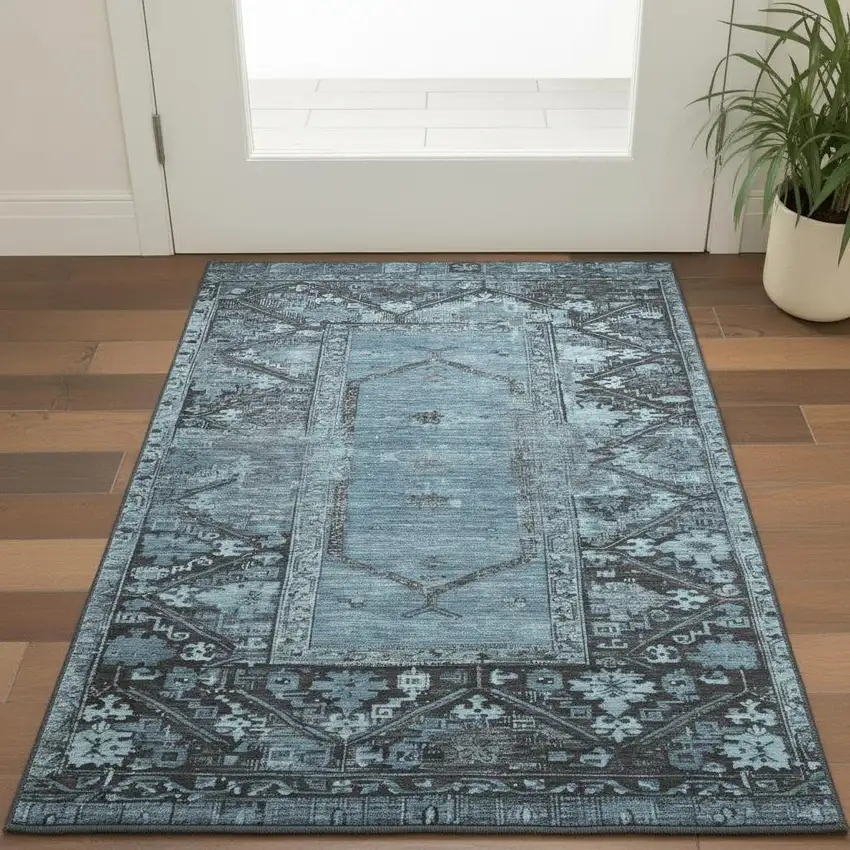 Blue And Charcoal Oriental Washable Area Rug With UV Protection Photo 2