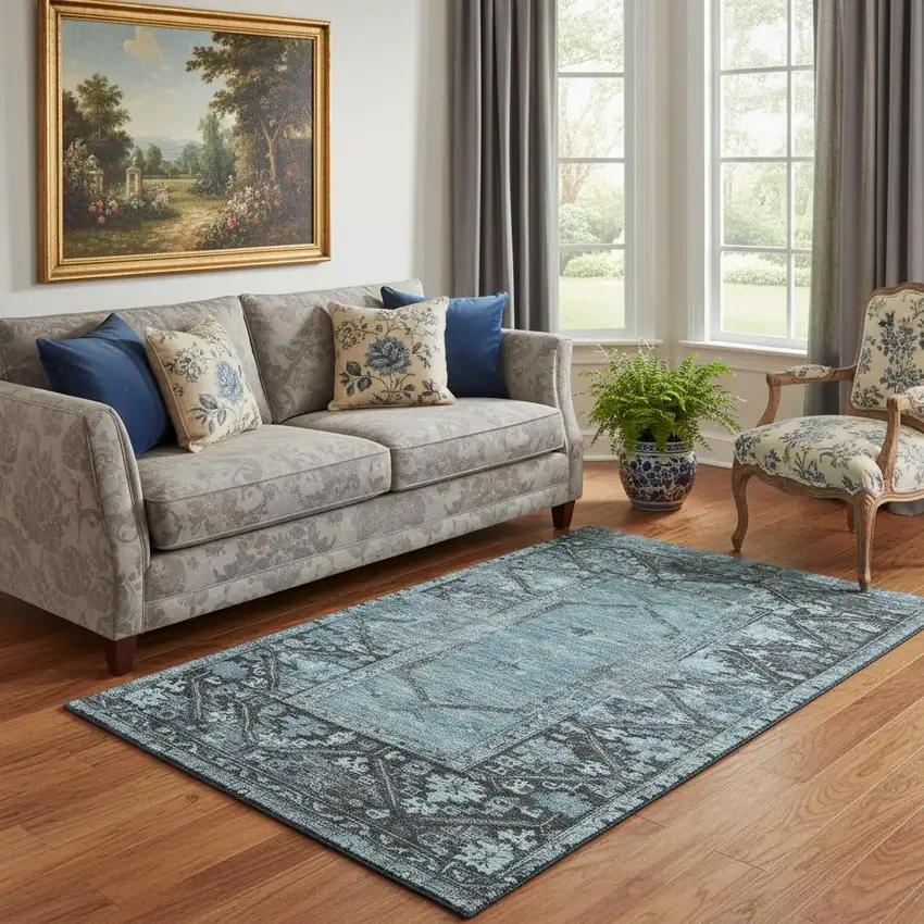 Blue And Charcoal Oriental Washable Area Rug With UV Protection Photo 2