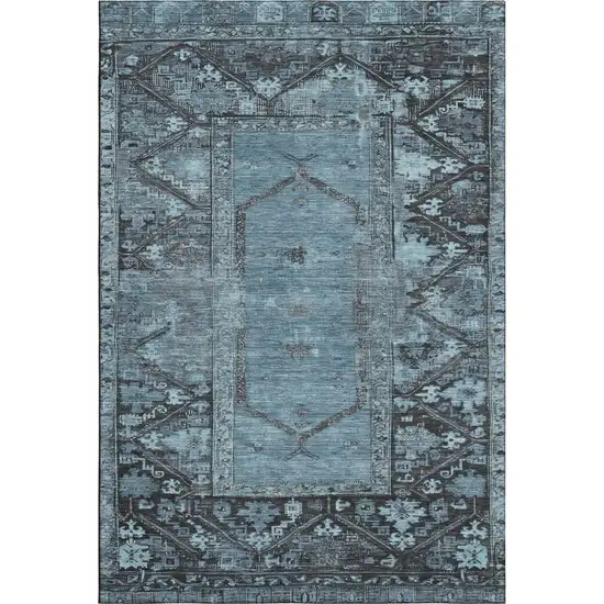 Blue And Charcoal Oriental Washable Area Rug With UV Protection Photo 1