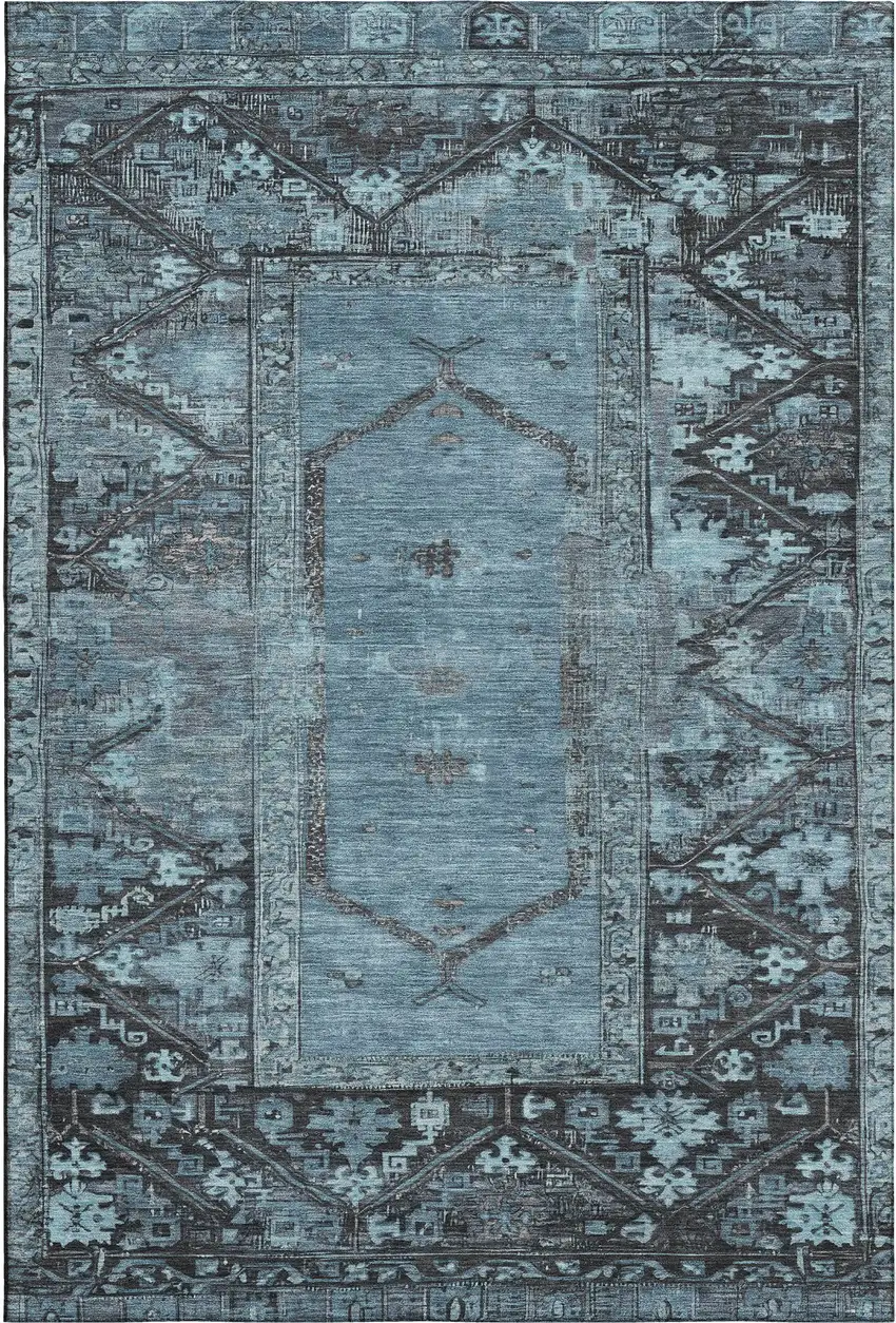Blue And Charcoal Oriental Washable Area Rug With UV Protection Photo 1
