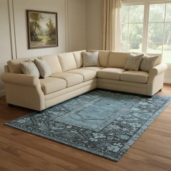 Blue And Charcoal Oriental Washable Area Rug With UV Protection Photo 2