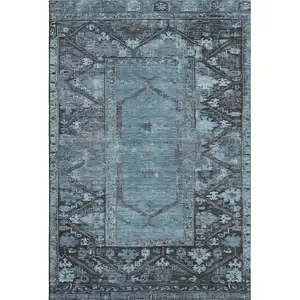 Photo of Blue And Charcoal Oriental Washable Area Rug With UV Protection
