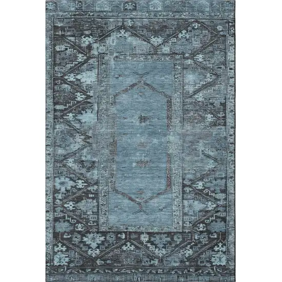 Blue And Charcoal Oriental Washable Area Rug With UV Protection Photo 3