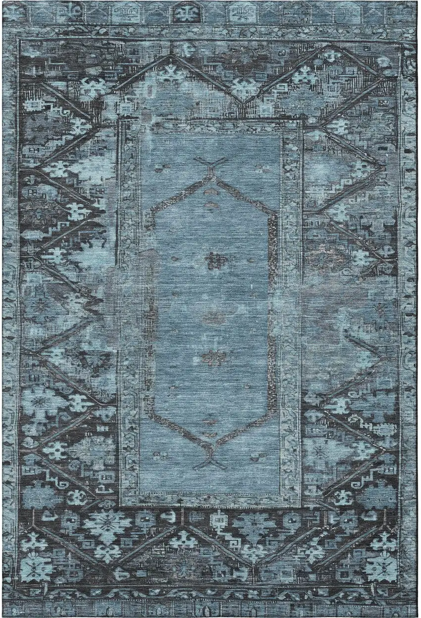 Blue And Charcoal Oriental Washable Area Rug With UV Protection Photo 3