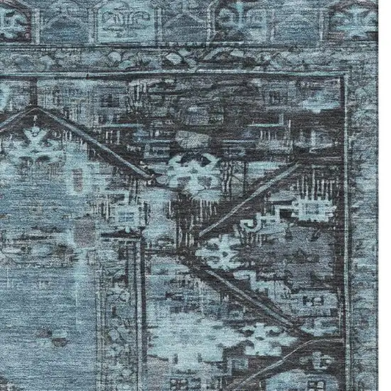 Blue And Charcoal Oriental Washable Area Rug With UV Protection Photo 2