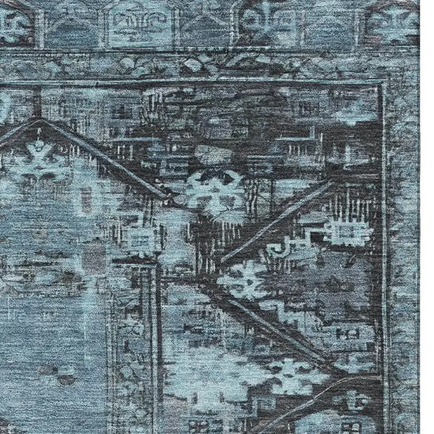Blue And Charcoal Oriental Washable Area Rug With UV Protection Photo 2