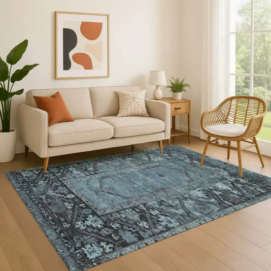 Blue And Charcoal Oriental Washable Area Rug With UV Protection Photo 4