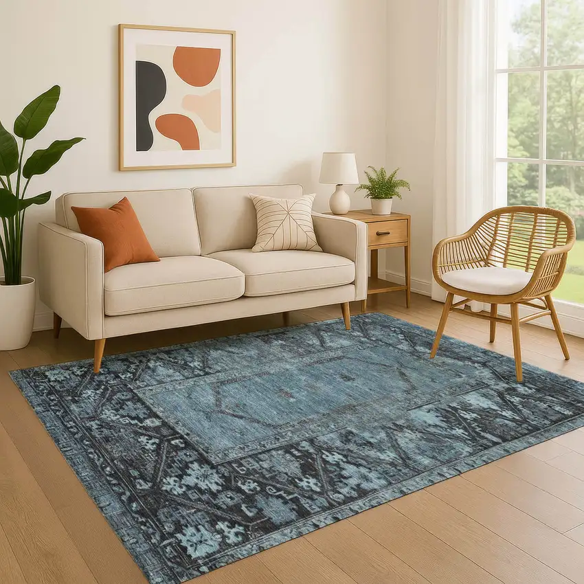 Blue And Charcoal Oriental Washable Area Rug With UV Protection Photo 4