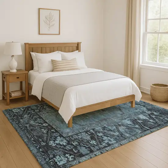 Blue And Charcoal Oriental Washable Area Rug With UV Protection Photo 5