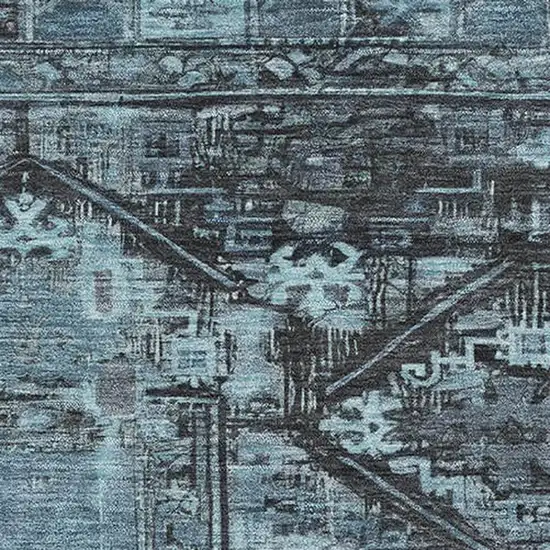 Blue And Charcoal Oriental Washable Area Rug With UV Protection Photo 2