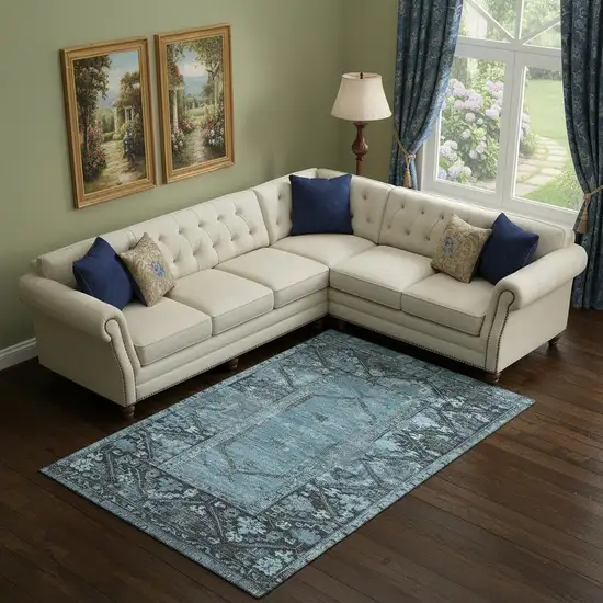 Blue And Charcoal Oriental Washable Area Rug With UV Protection Photo 2