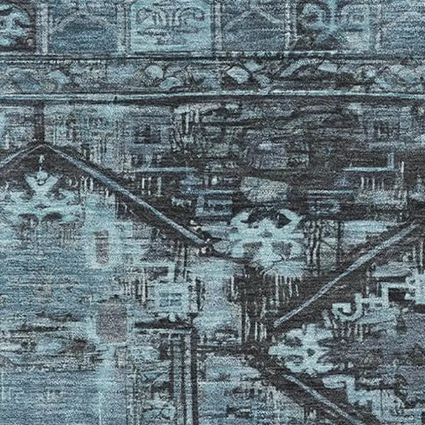 Blue And Charcoal Oriental Washable Area Rug With UV Protection Photo 2