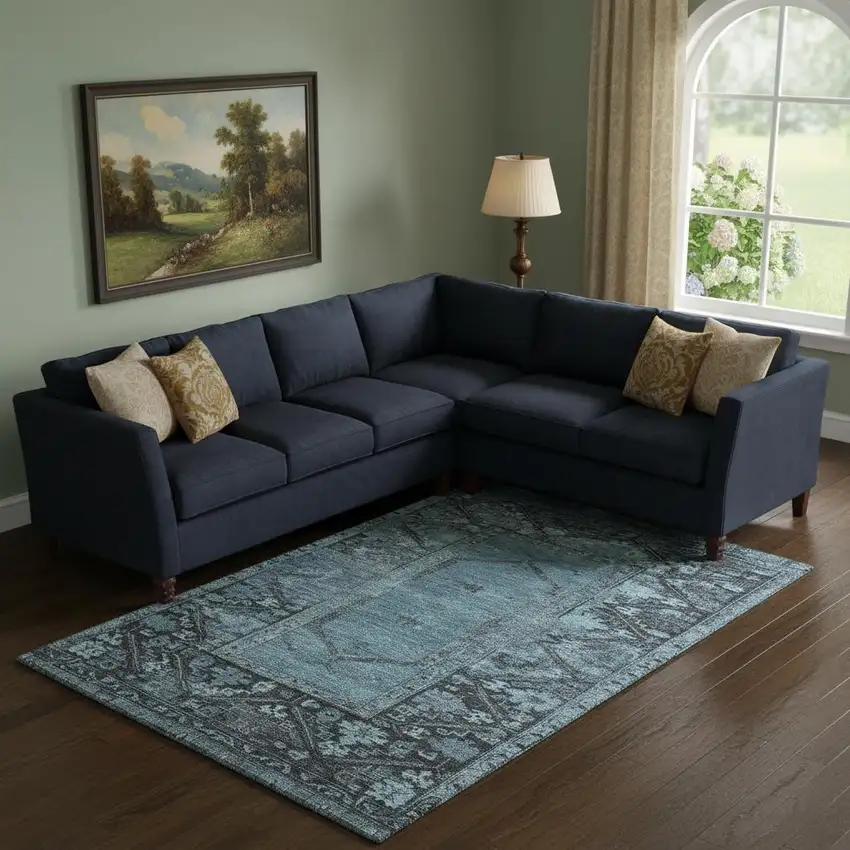 Blue And Charcoal Oriental Washable Area Rug With UV Protection Photo 2