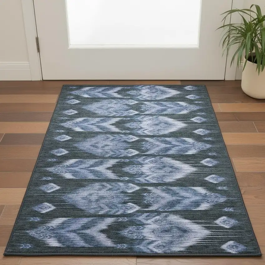 Blue And Charcoal Southwestern Washable Area Rug With UV Protection Photo 2