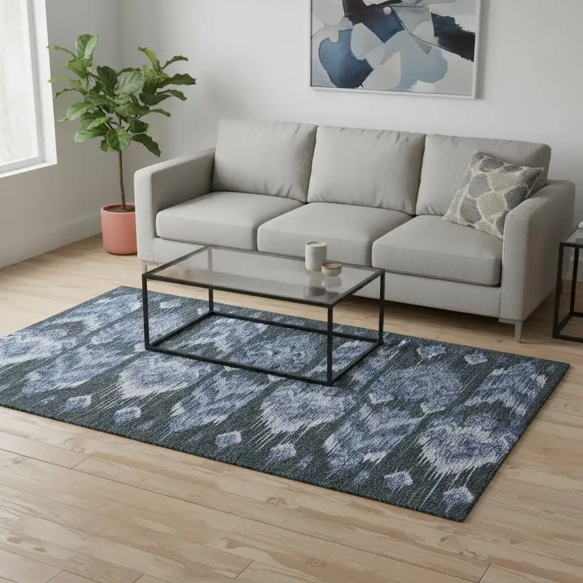 Blue And Charcoal Southwestern Washable Area Rug With UV Protection Photo 2