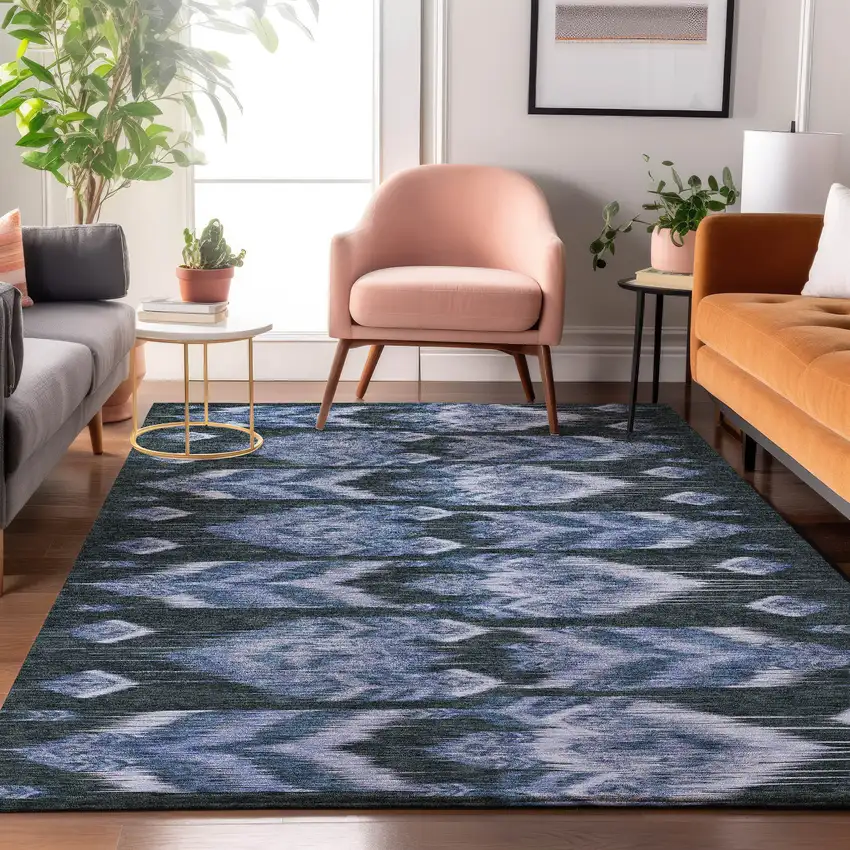 Blue And Charcoal Southwestern Washable Area Rug With UV Protection Photo 5