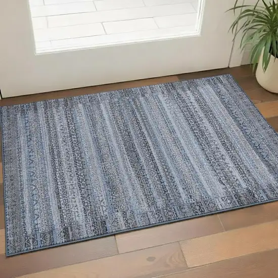 Blue And Charcoal Striped Washable Area Rug With UV Protection Photo 2
