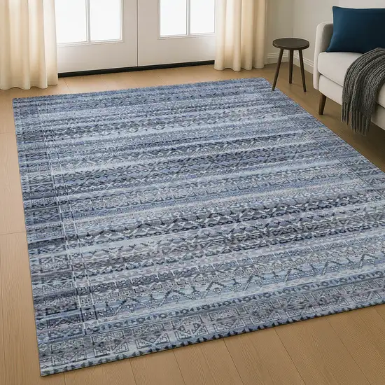 Blue And Charcoal Striped Washable Area Rug With UV Protection Photo 5