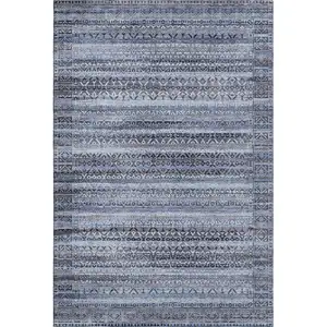 Photo of Blue And Charcoal Striped Washable Area Rug With UV Protection