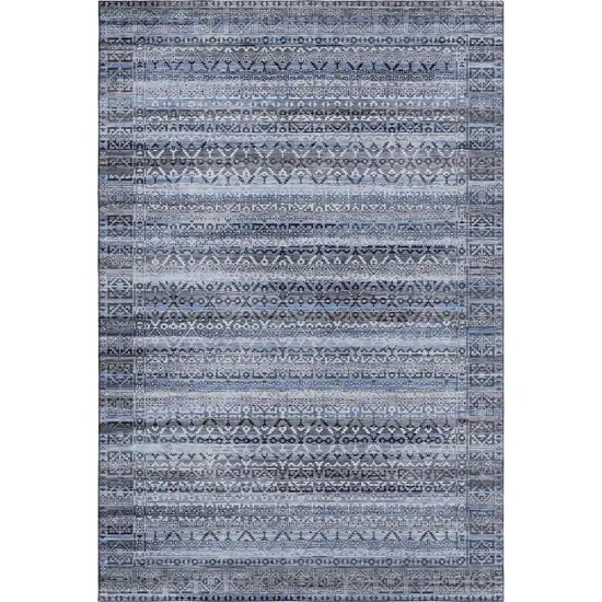 Blue And Charcoal Striped Washable Area Rug With UV Protection Photo 1