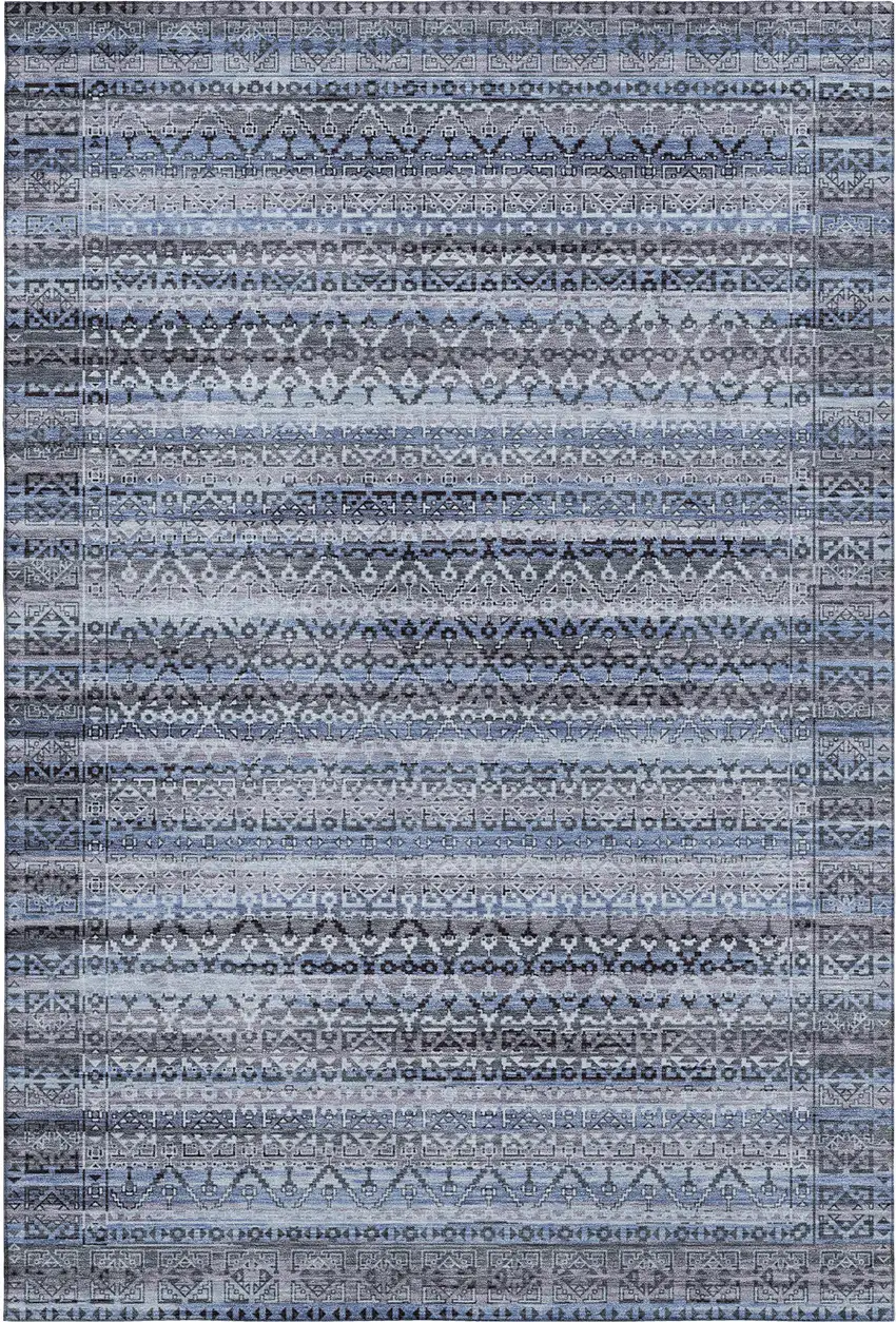 Blue And Charcoal Striped Washable Area Rug With UV Protection Photo 1