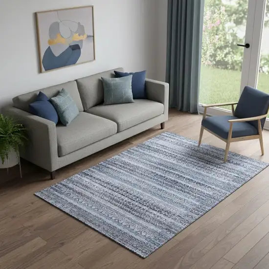 Blue And Charcoal Striped Washable Area Rug With UV Protection Photo 2