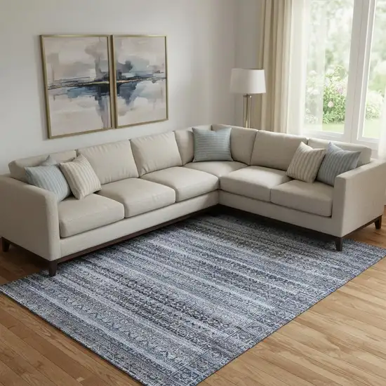 Blue And Charcoal Striped Washable Area Rug With UV Protection Photo 2