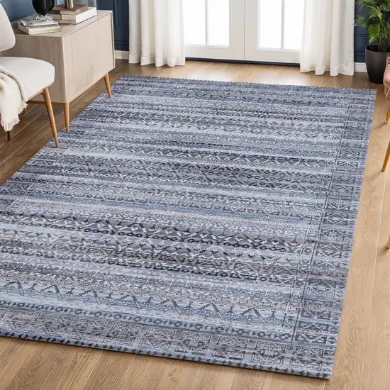 Blue And Charcoal Striped Washable Area Rug With UV Protection Photo 5