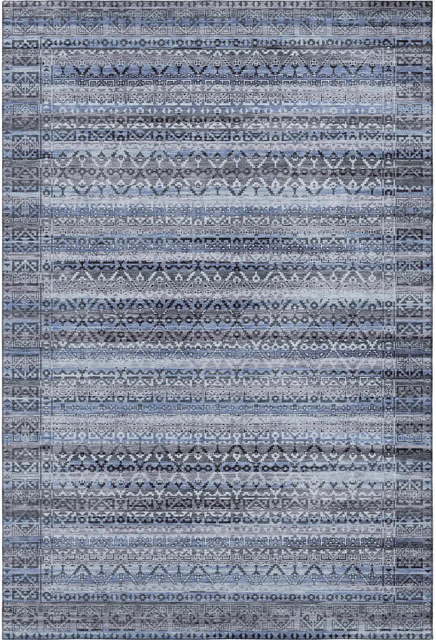 Blue And Charcoal Striped Washable Area Rug With UV Protection Photo 3