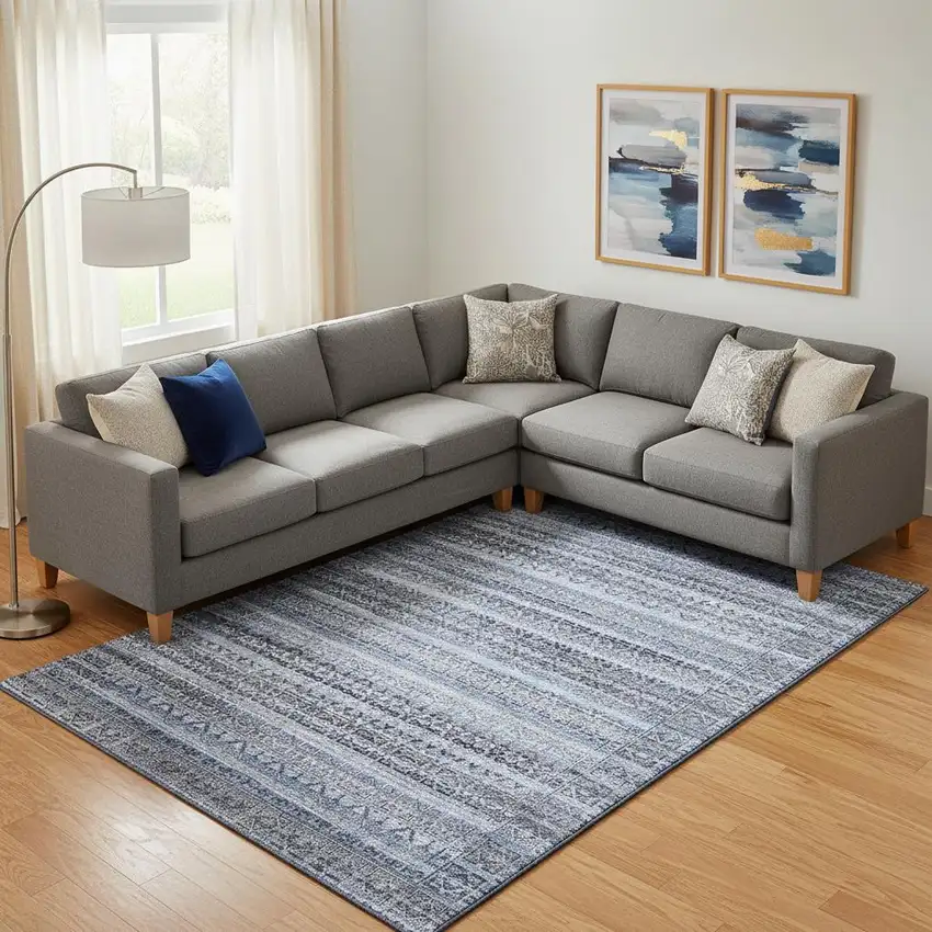 Blue And Charcoal Striped Washable Area Rug With UV Protection Photo 2