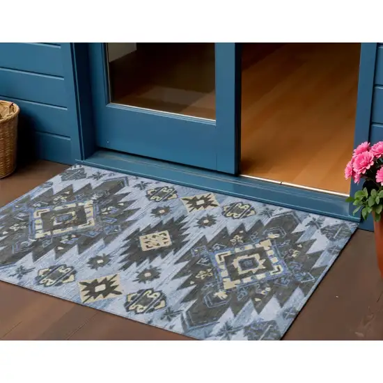 Blue And Charcoal Tribal Washable Indoor Outdoor Area Rug Photo 2