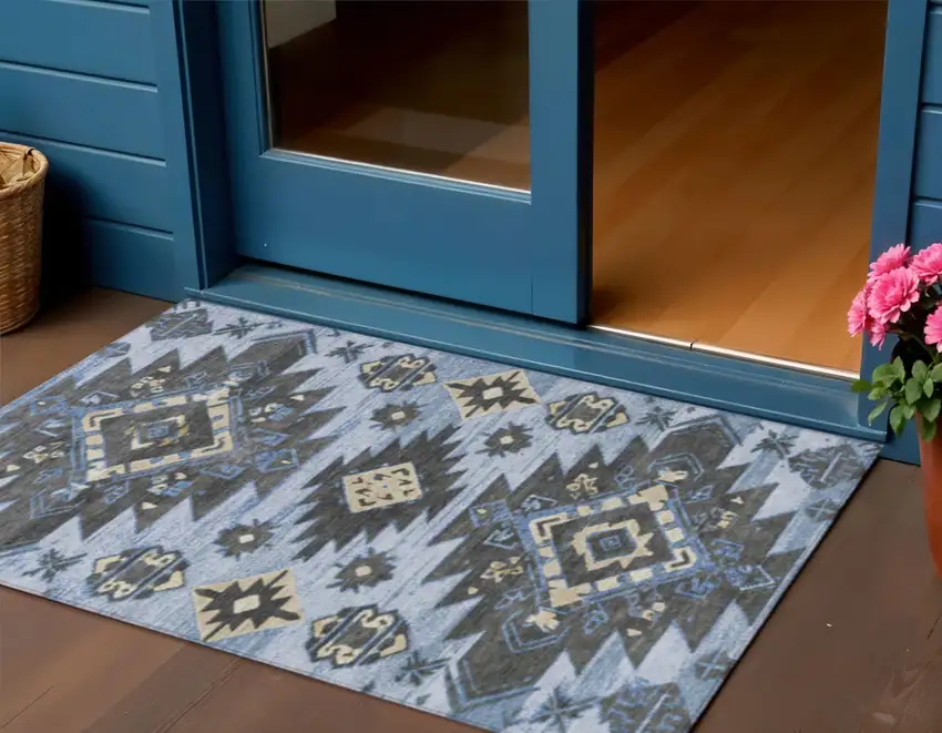 Blue And Charcoal Tribal Washable Indoor Outdoor Area Rug Photo 2