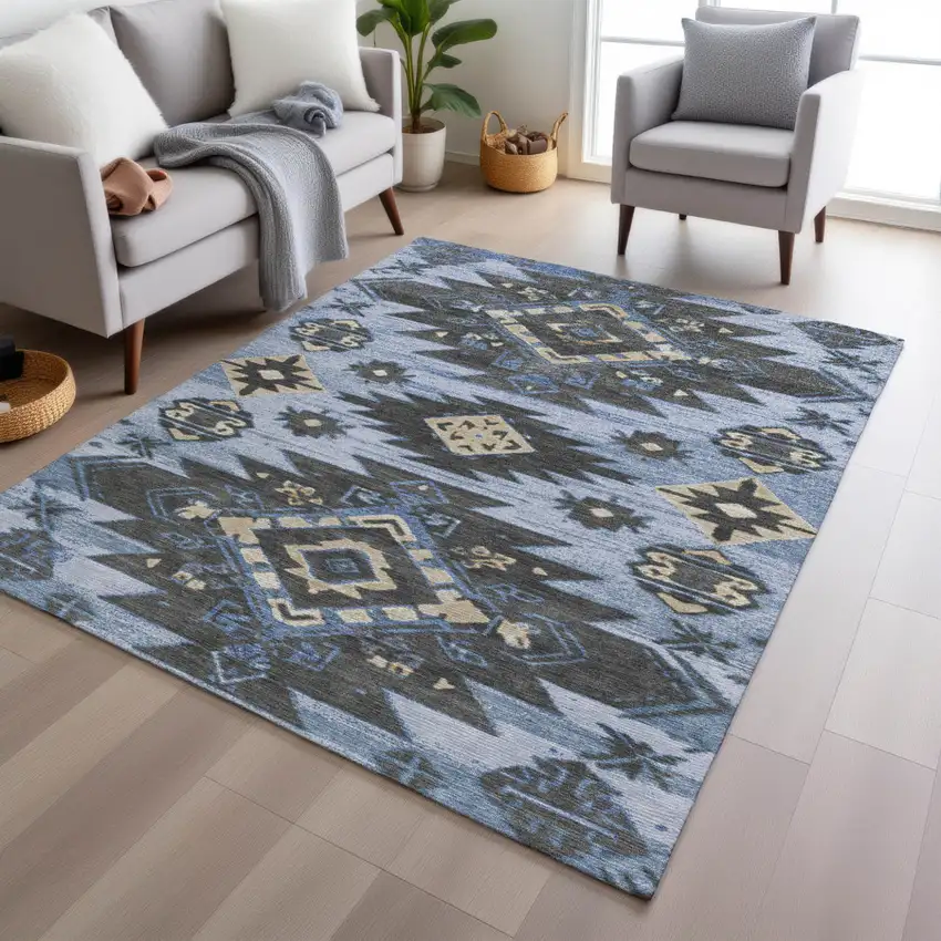 Blue And Charcoal Tribal Washable Indoor Outdoor Area Rug Photo 6