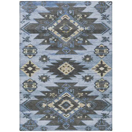 Blue And Charcoal Tribal Washable Indoor Outdoor Area Rug Photo 1