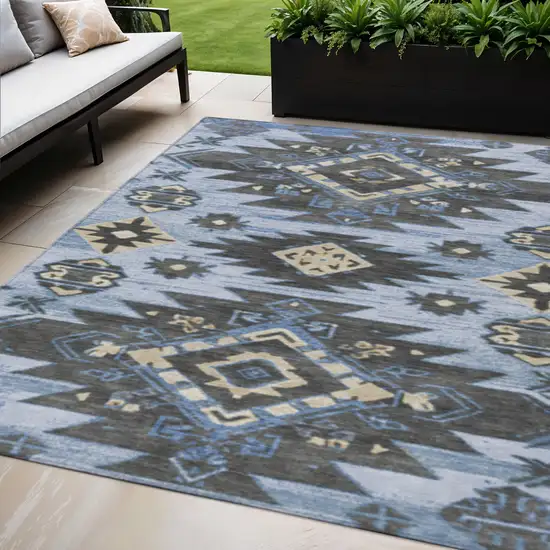 Blue And Charcoal Tribal Washable Indoor Outdoor Area Rug Photo 2