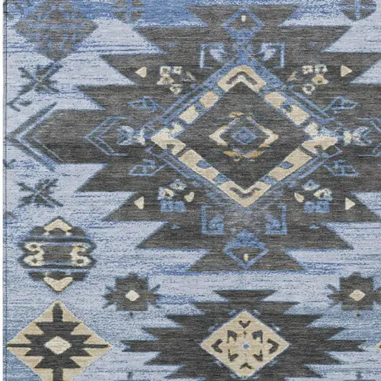 Blue And Charcoal Tribal Washable Indoor Outdoor Area Rug Photo 3