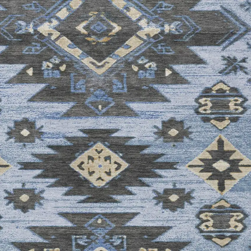 Blue And Charcoal Tribal Washable Indoor Outdoor Area Rug Photo 3