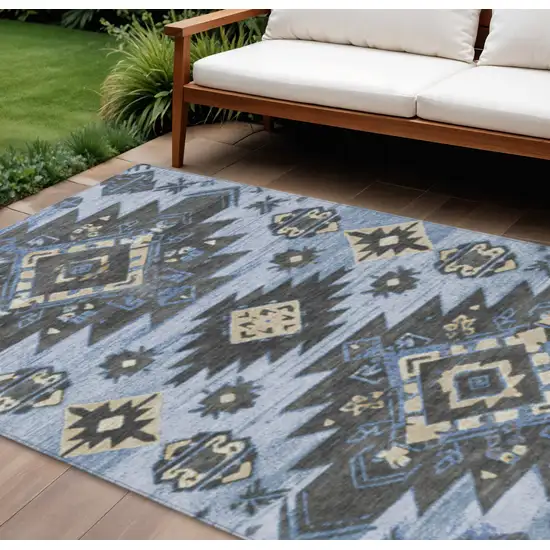 Blue And Charcoal Tribal Washable Indoor Outdoor Area Rug Photo 2