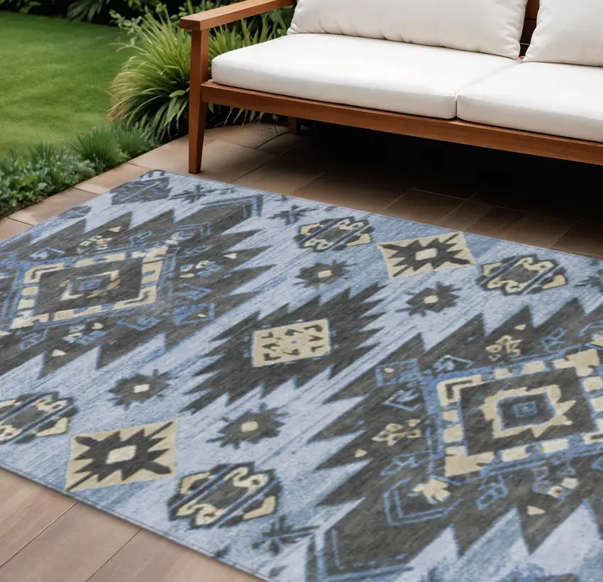 Blue And Charcoal Tribal Washable Indoor Outdoor Area Rug Photo 2