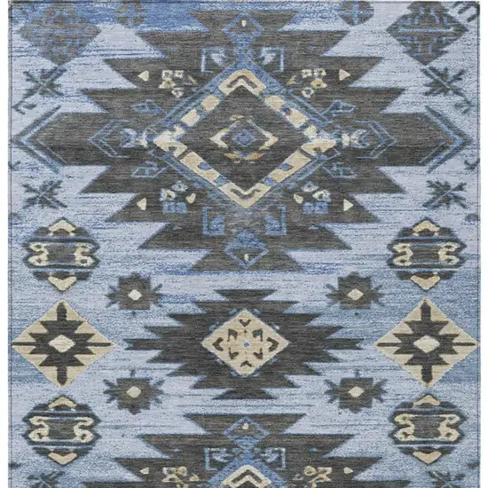 Blue And Charcoal Tribal Washable Indoor Outdoor Area Rug Photo 4