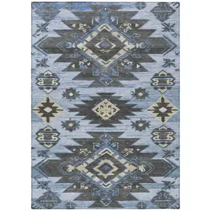 Photo of Blue And Charcoal Tribal Washable Indoor Outdoor Area Rug