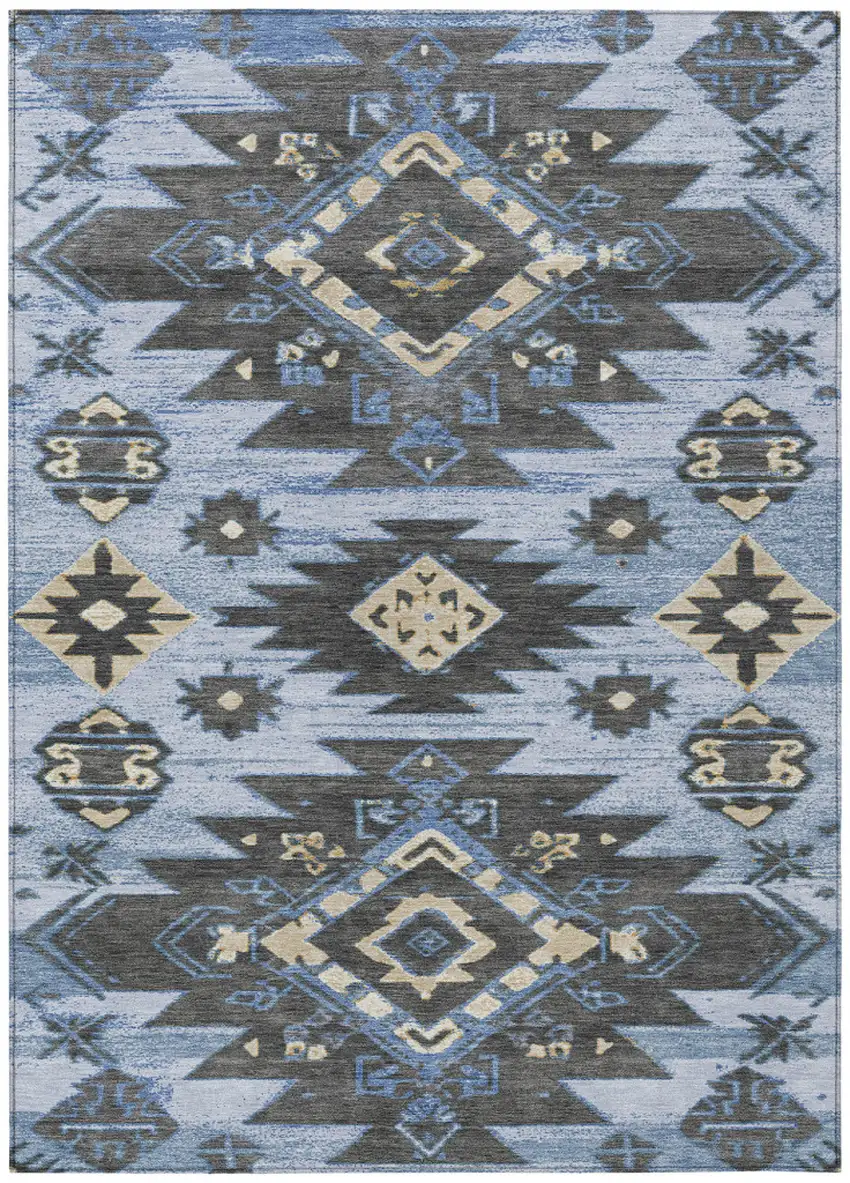 Blue And Charcoal Tribal Washable Indoor Outdoor Area Rug Photo 1