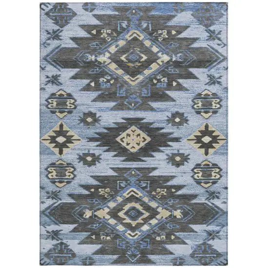 Blue And Charcoal Tribal Washable Indoor Outdoor Area Rug Photo 4
