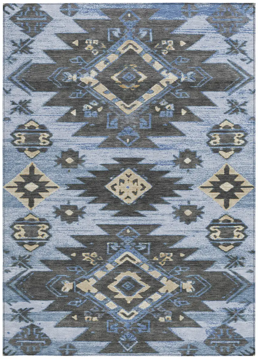 Blue And Charcoal Tribal Washable Indoor Outdoor Area Rug Photo 4